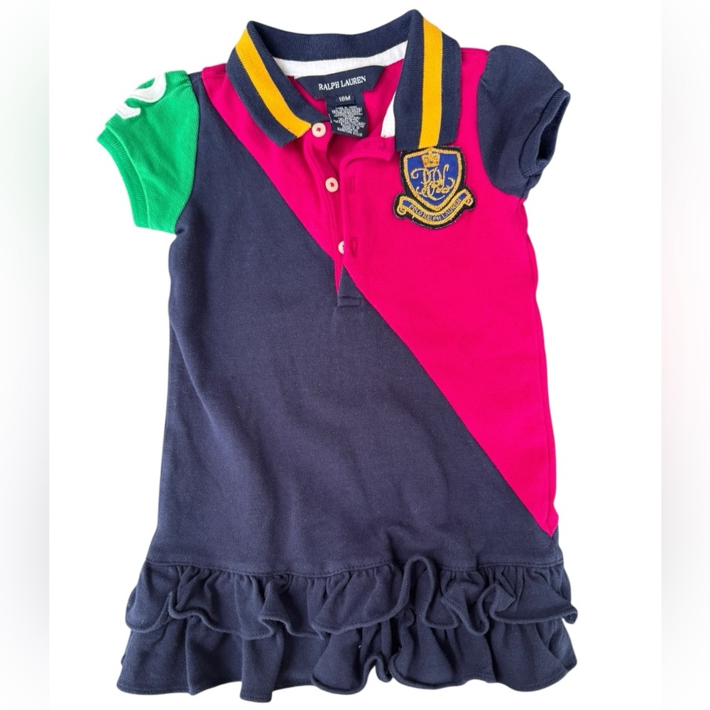 Ralph Lauren Dress Color-Block Pink‎ Blue Green Crest Girls Size 18m Preppy